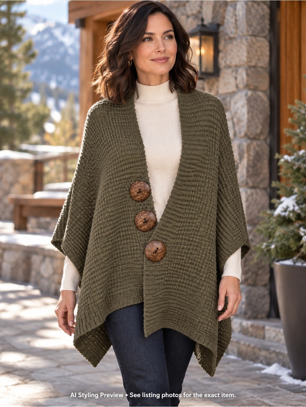 Olive Green Knit Wrap Shawl Cape Coconut Look Buttons One Size